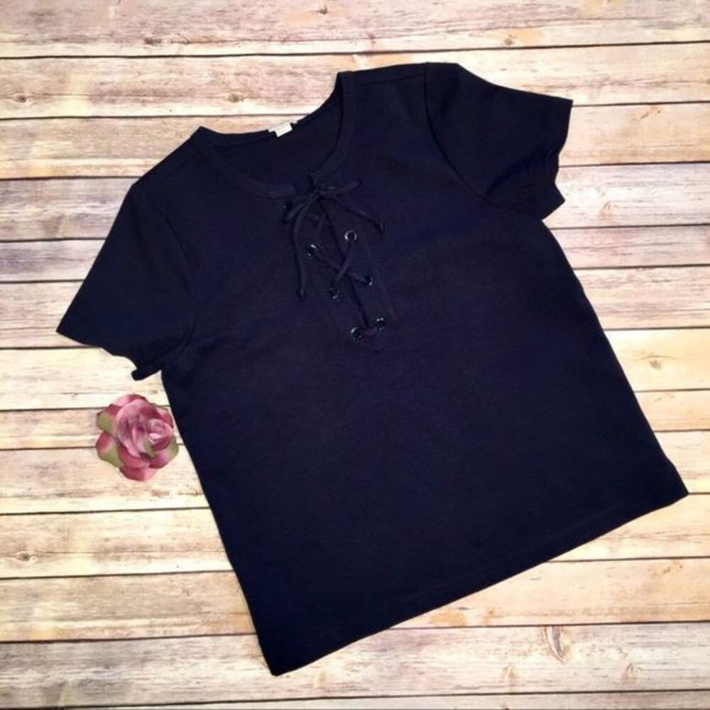 J Crew Factory Navy Lace Up Short Sleeve Tee M